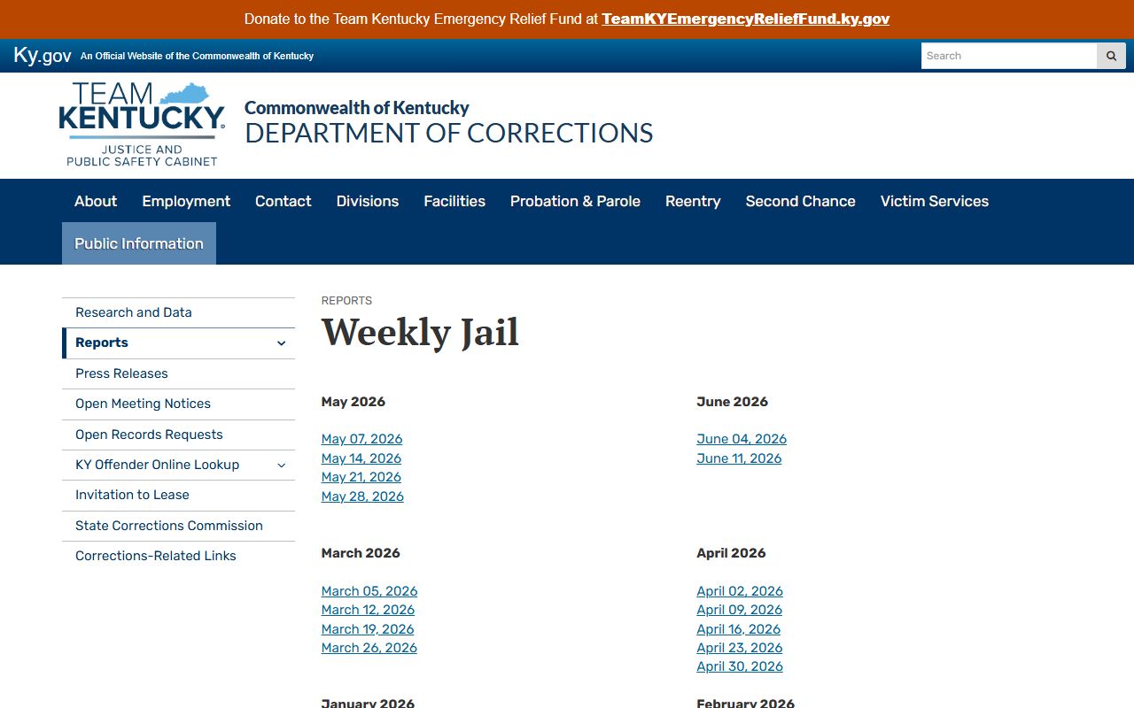Fleming County inmate population KDOC weekly jail reports index