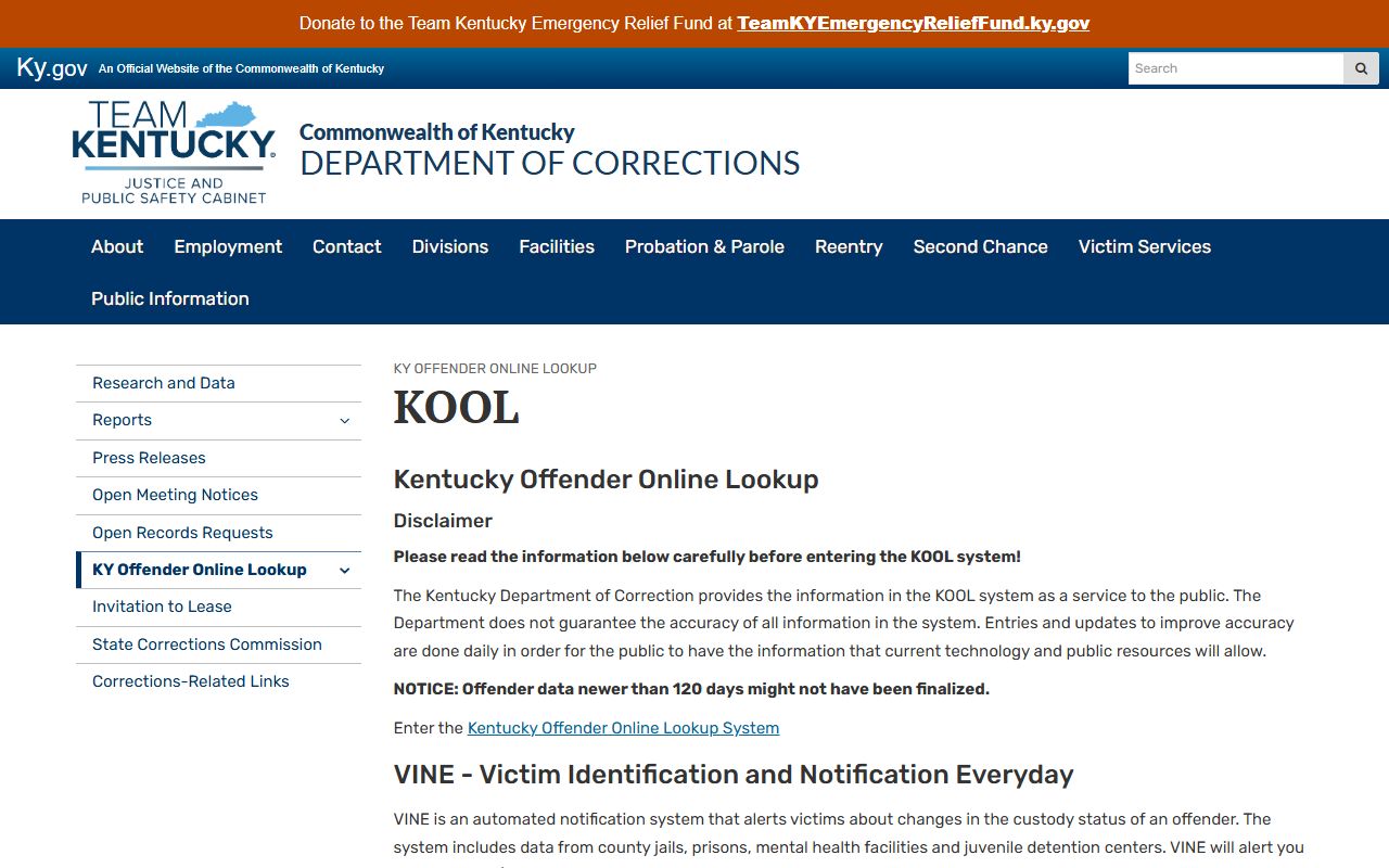 Fleming County inmate records KDOC KOOL information page
