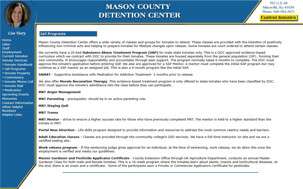 Mason County Regional Detention Center inmate programs for Fleming County jail population